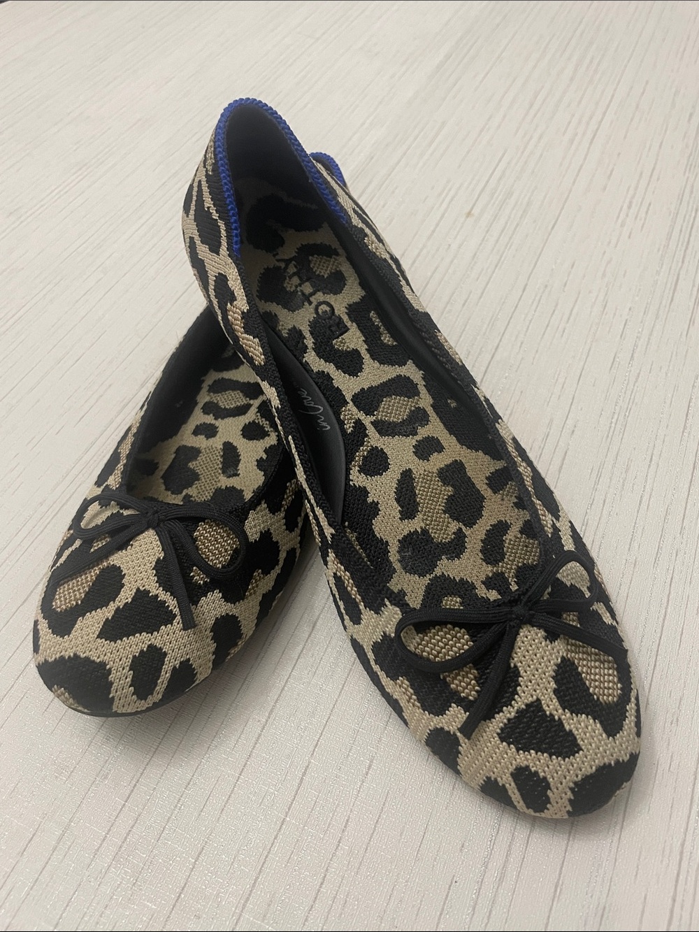 Rothy's Leopard Knit Ballet Flats - Black & Tan with Blue Trim
